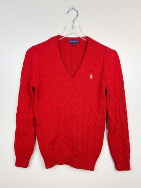 Ralph Lauren Red Cable Knit Cotton V Neck Sweater size large